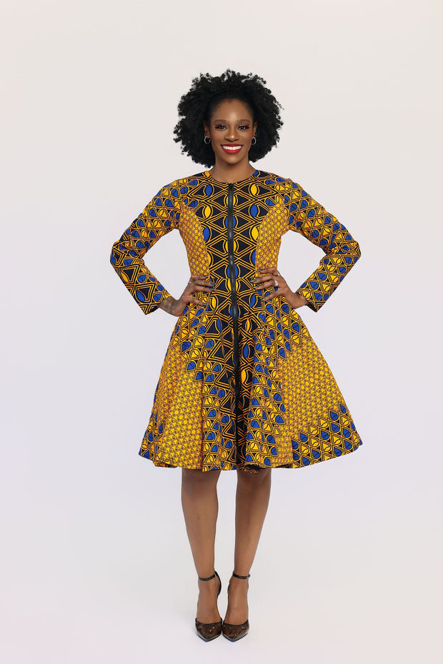 Nkiru African Print Jacket Dress(Yellow & Blue)