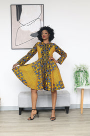 Nkiru African Print Jacket Dress(Yellow & Blue)