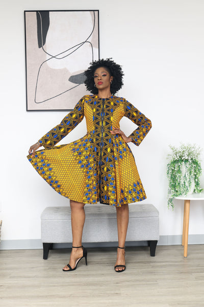 Nkiru African Print Jacket Dress(Yellow & Blue)