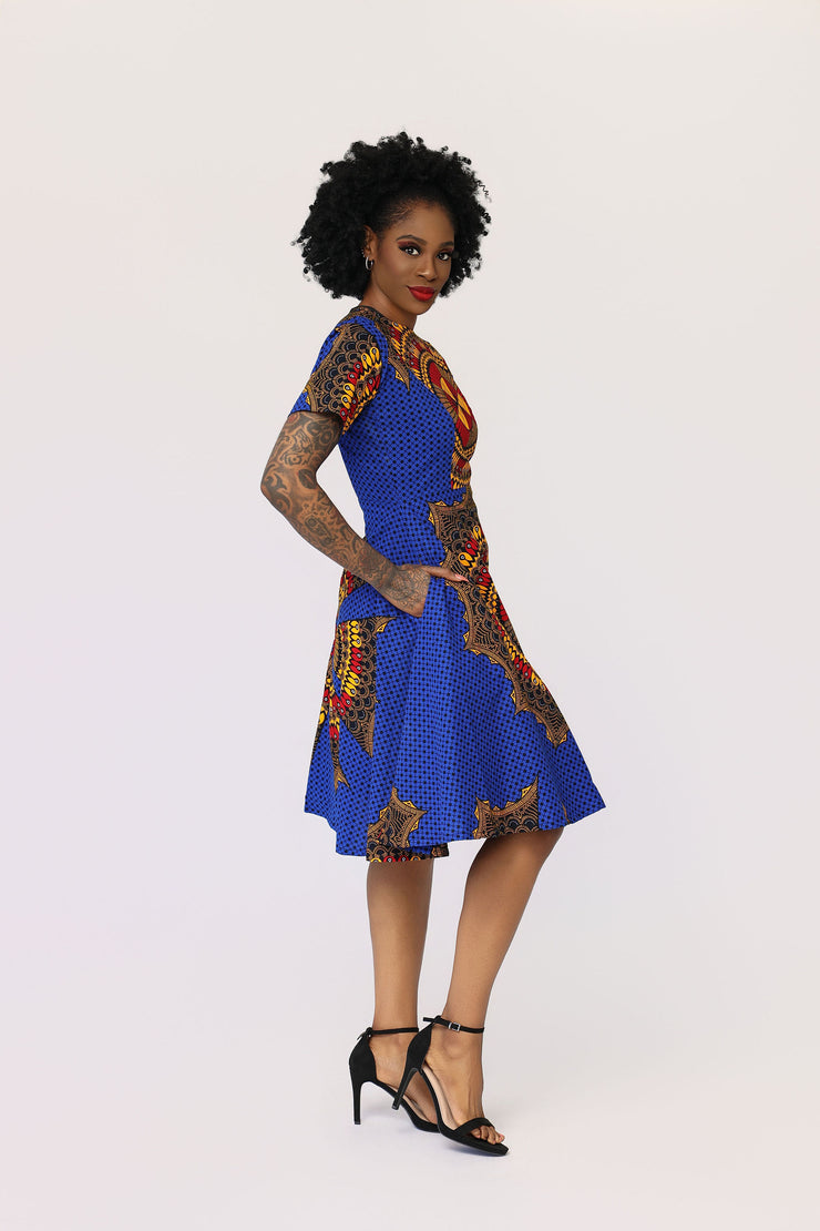 blue and gold african print dress Thabisa Dress (Blue And Gold Stretchy African / Ankara Print)