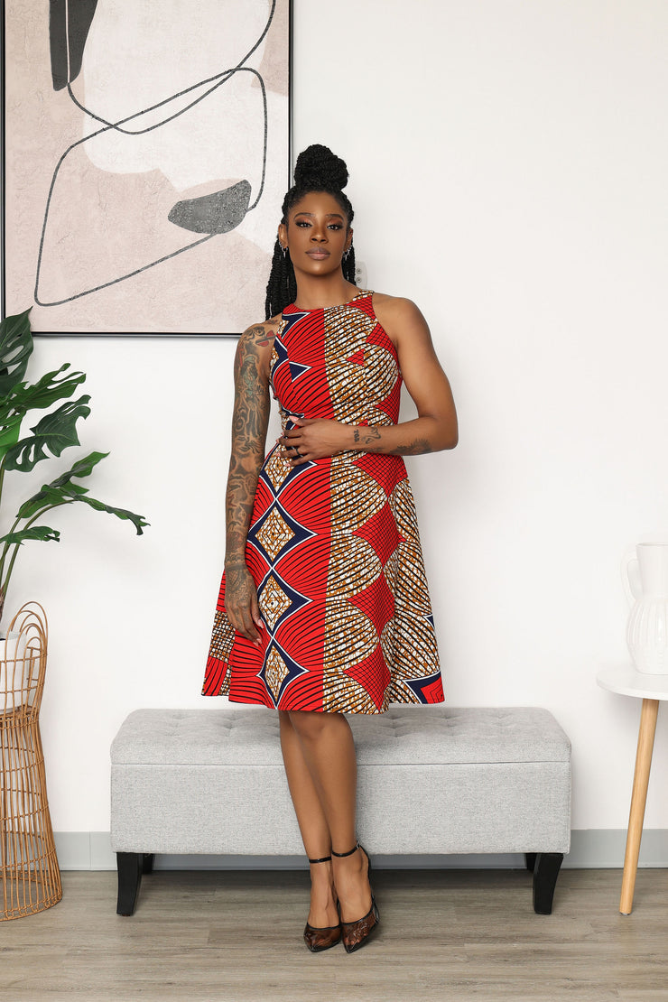 red and white african print dress Thabisa Dress (Red and White Stretchy African / Ankara Print)