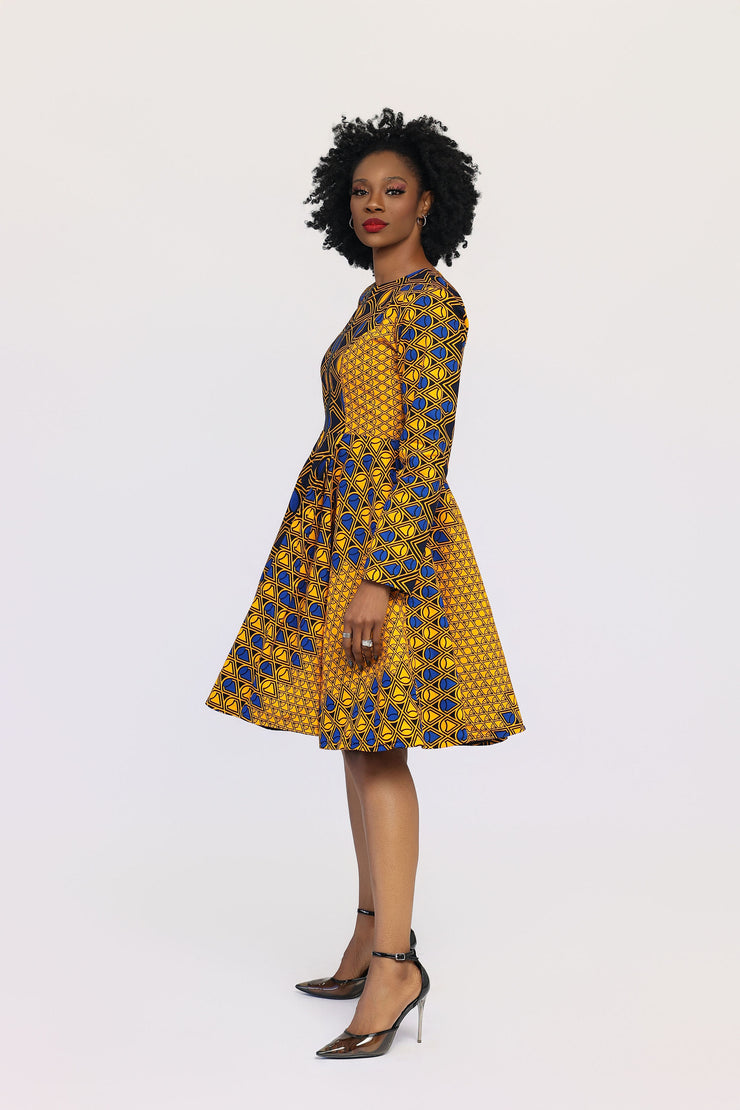 Nkiru African Print Jacket Dress(Yellow & Blue)