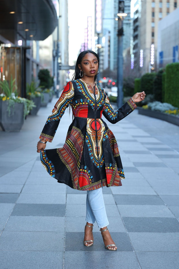 Omidan (Black) Dashiki African Print Jacket Dress - Ray Darten