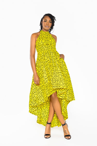 Black and Yellow Halter Neck H-Low African Print Dress, crafted with premium materials for your special occasions.