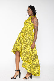 Black and Yellow Halter Neck H-Low African Print Dress, crafted with premium materials for your special occasions.