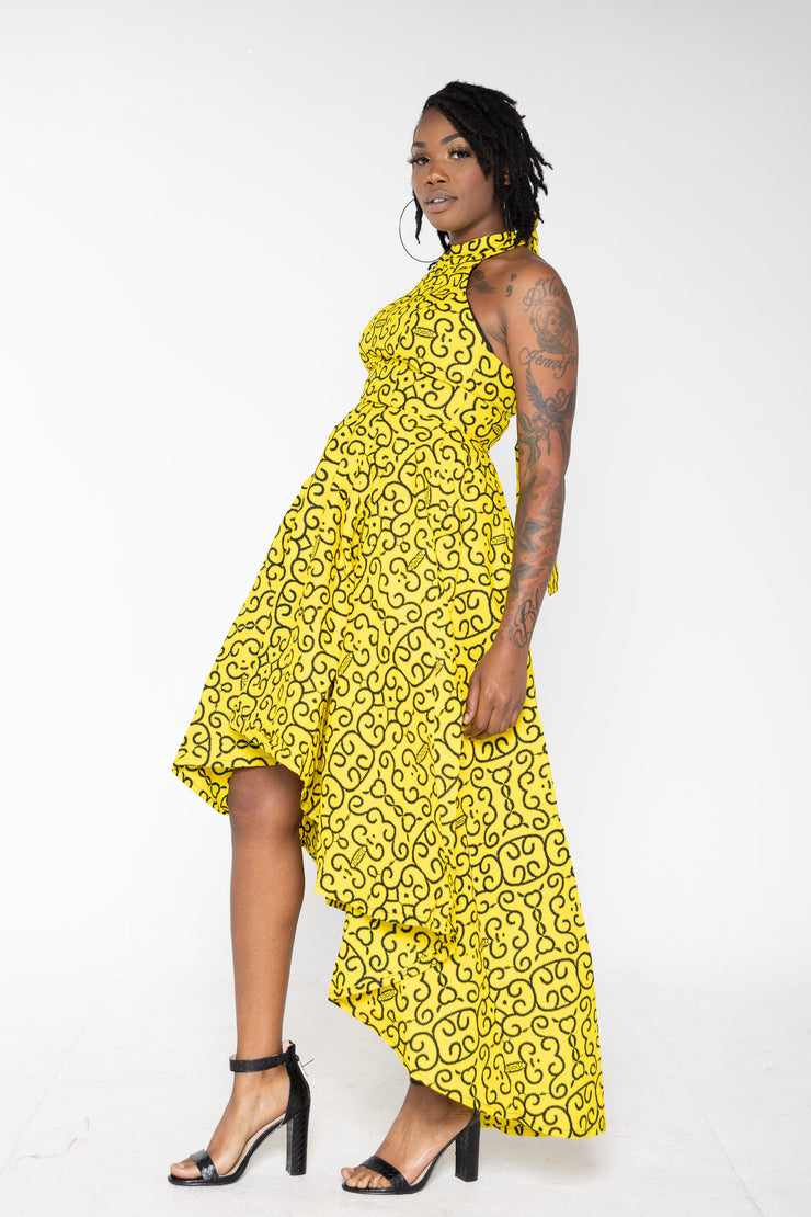 Black and Yellow Halter Neck H-Low African Print Dress, crafted with premium materials for your special occasions.