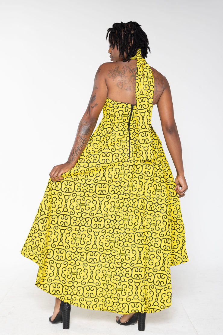 Black and Yellow Halter Neck H-Low African Print Dress, crafted with premium materials for your special occasions.