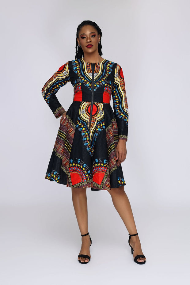 Omidan (Black) Dashiki African Print Jacket Dress - Ray Darten