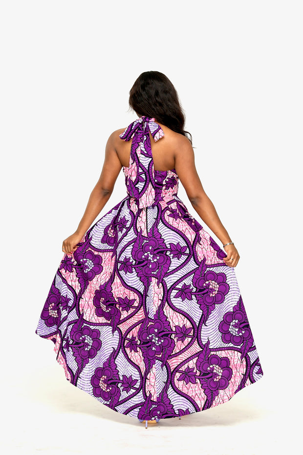 Purple Halter Neck H-Low African Print Dress, crafted with premium materials for your special occasions.