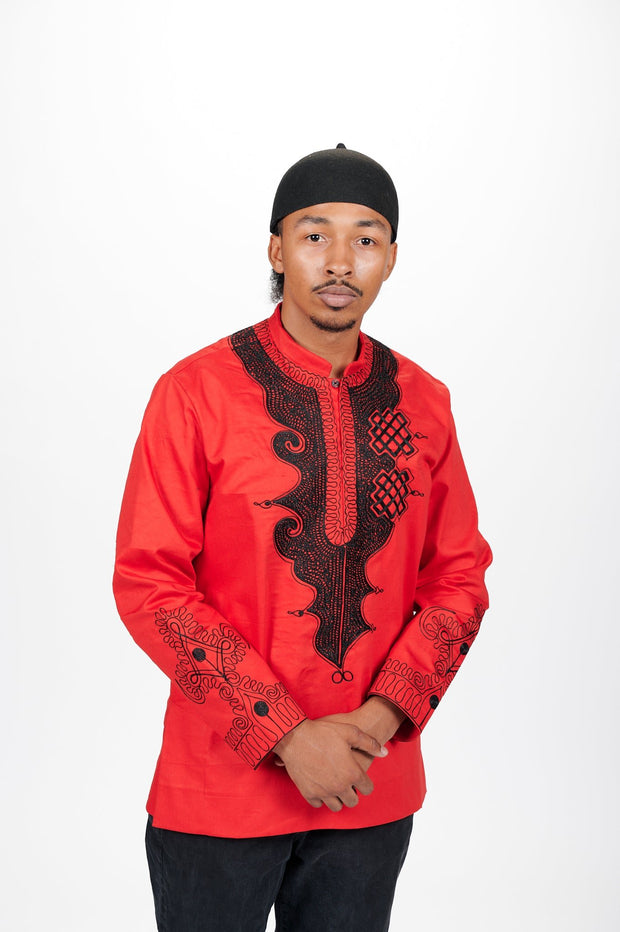 Abioye Bishop Collar Men's African Print Tunic (RED) - Ray Darten