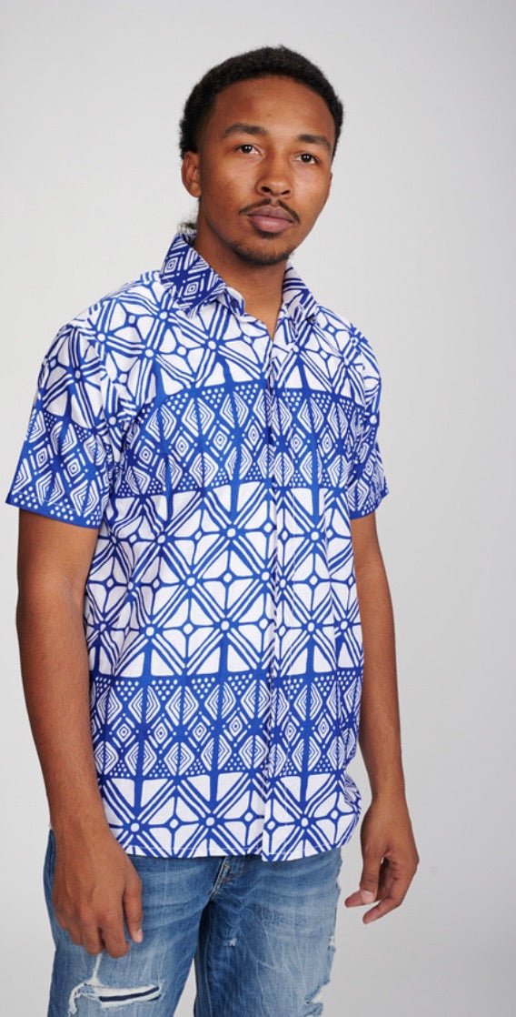 Temi (Blue) Men’s African Print Shirt - Ray Darten